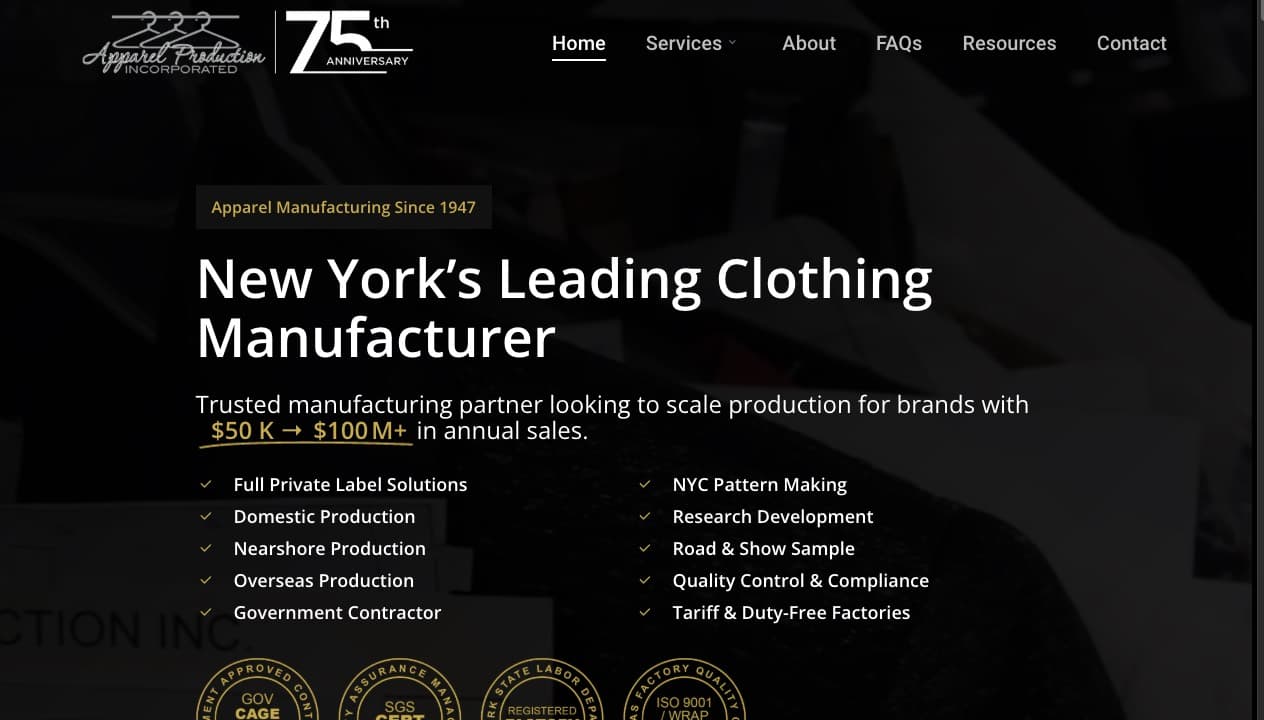 The Apparel Production home page: a dark sewing floor behind the headline New York's Leading Clothing Manufacturer.