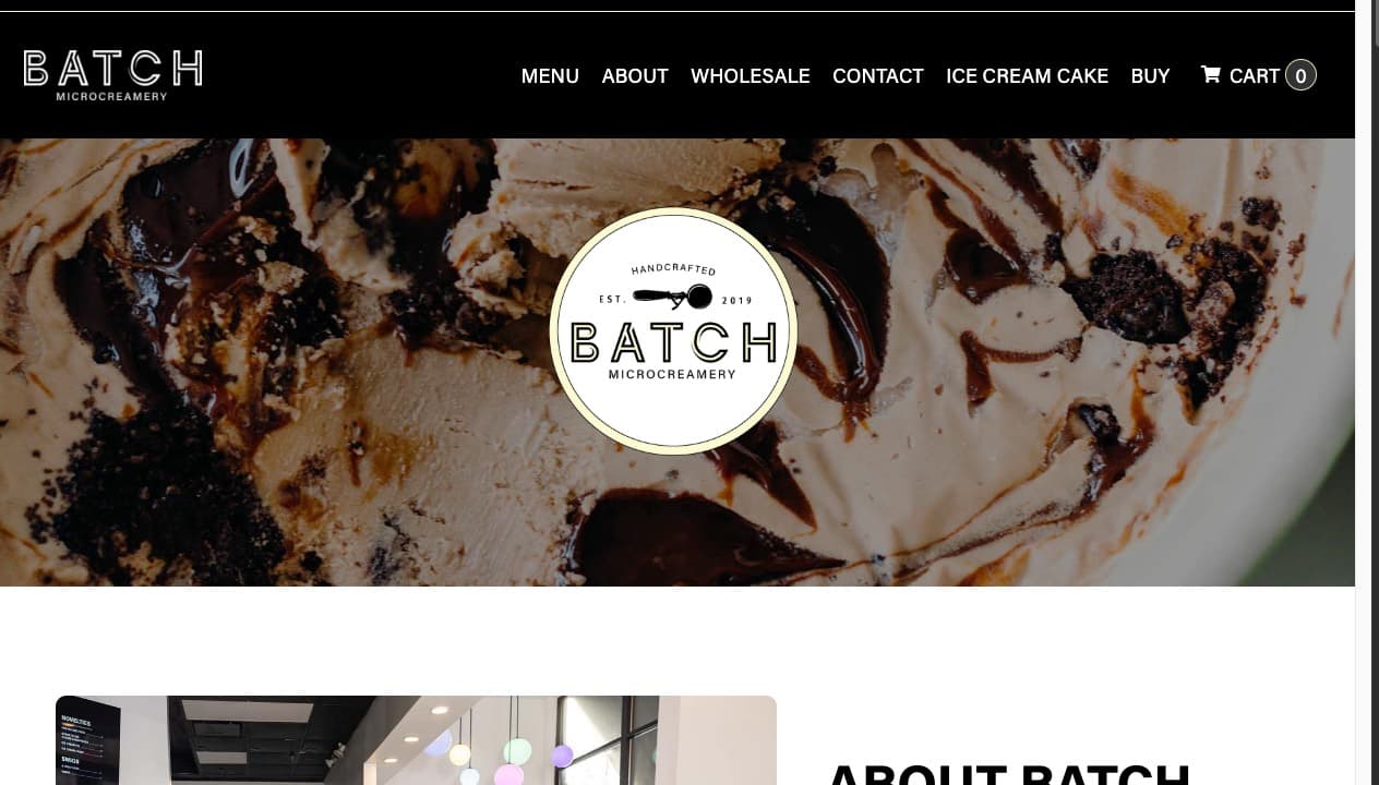 The Batch Microcreamery home page: a round Batch badge over a close-up of swirled ice cream.
