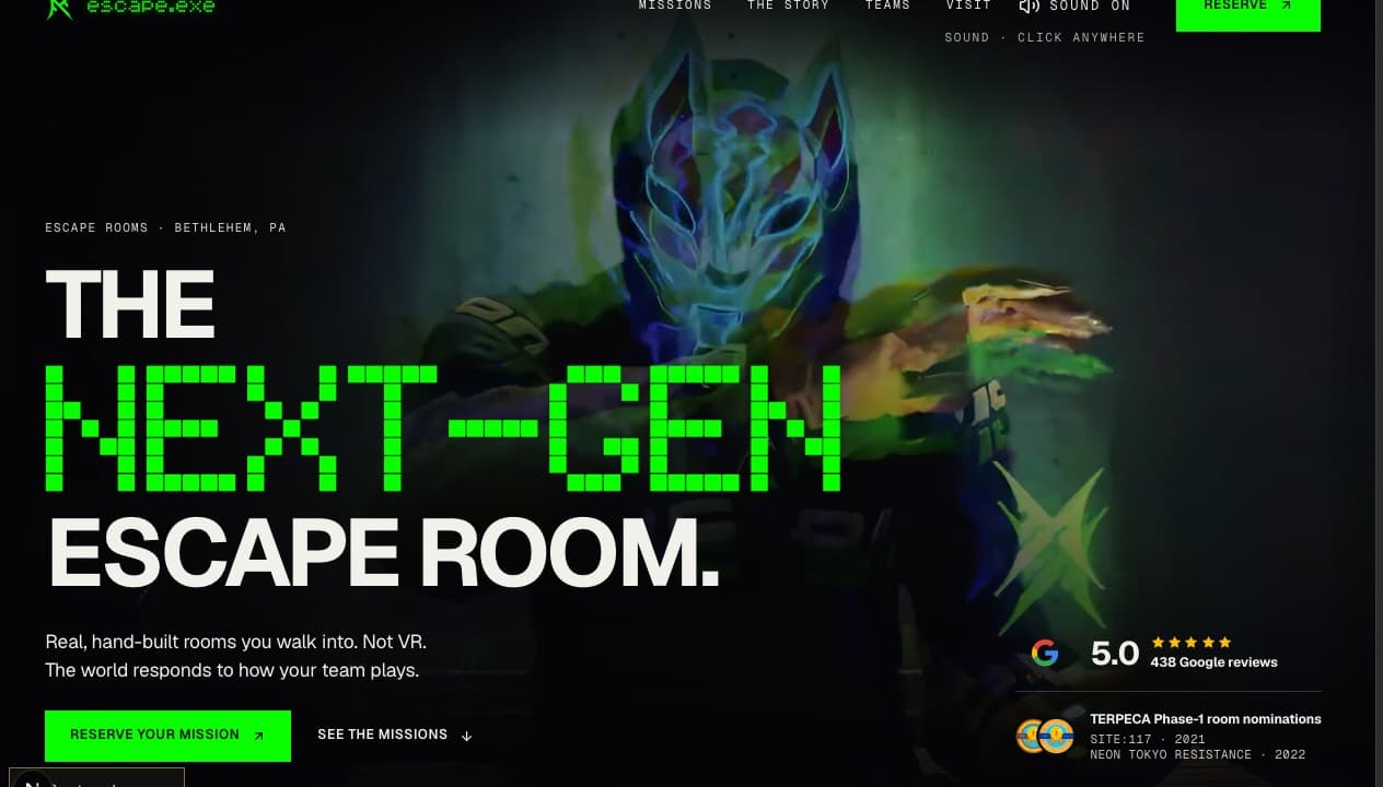 The escape.exe home page in progress: a masked figure in green light behind the headline The next-gen escape room.